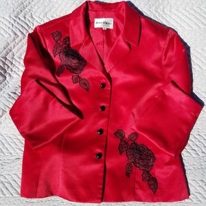 Jacket Red Silky 16 Lace Black Flower Retro Plus
